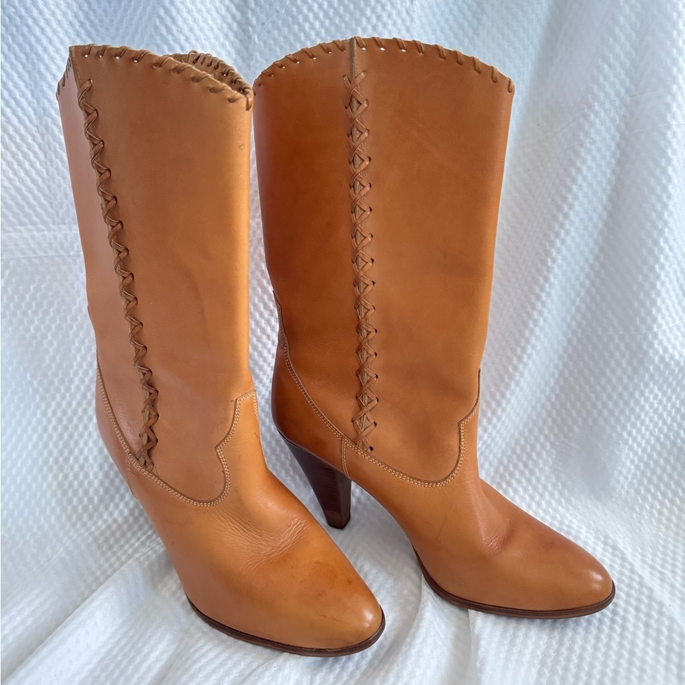 Vintage Nine West Tan Western Genuine Leather made in Brazil Heeled Boots Size 8